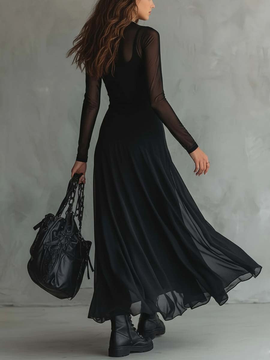 Camila · Vestido maxi negro con mangas transparentes