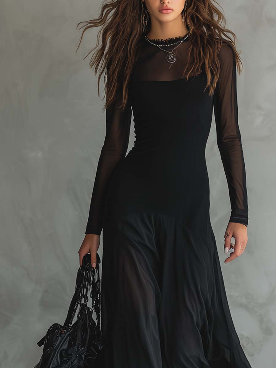 Camila · Vestido maxi negro con mangas transparentes
