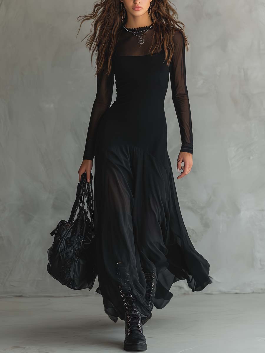 Camila · Vestido maxi negro con mangas transparentes