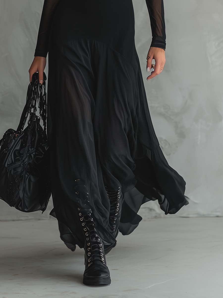 Camila · Vestido maxi negro con mangas transparentes